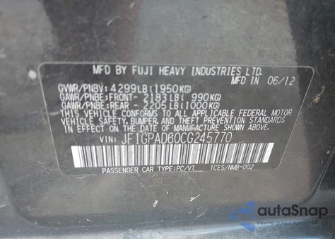 2012 Subaru Impreza 2.0I Premium z USA, uszkodzony, nr VIN JF1GPAD60CG245770